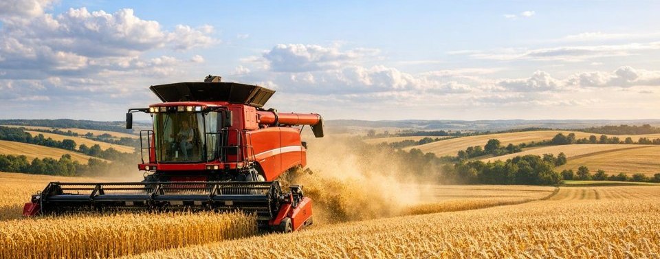 Combine harvester in a wheat field