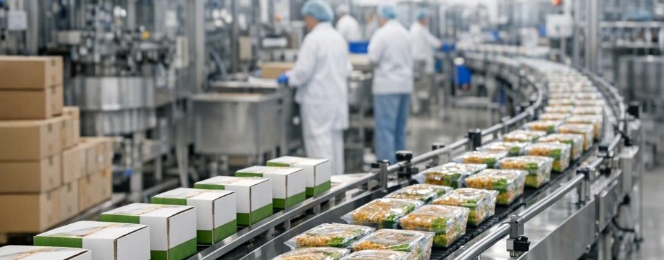Food packaging line in a processing plant